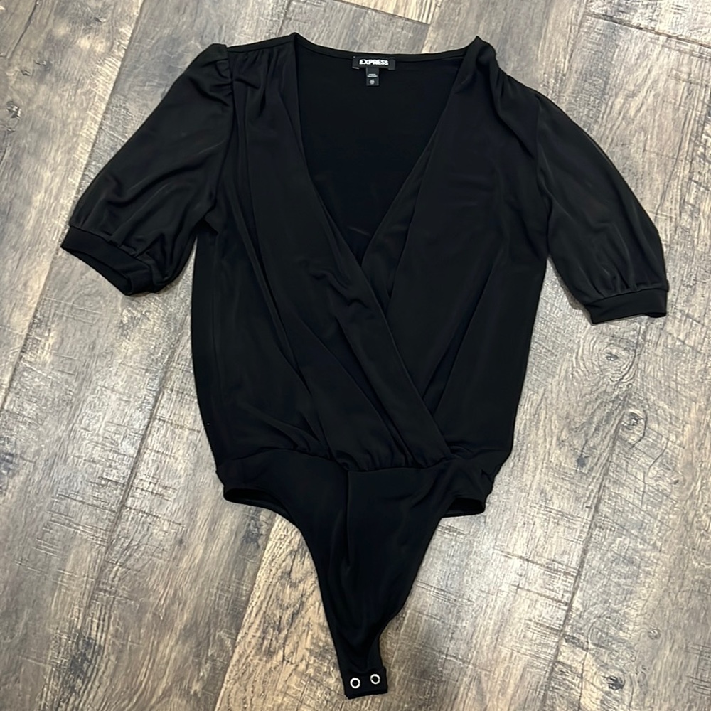 Express Black Thong Bodysuit with Sheer Cap sleeves like New!